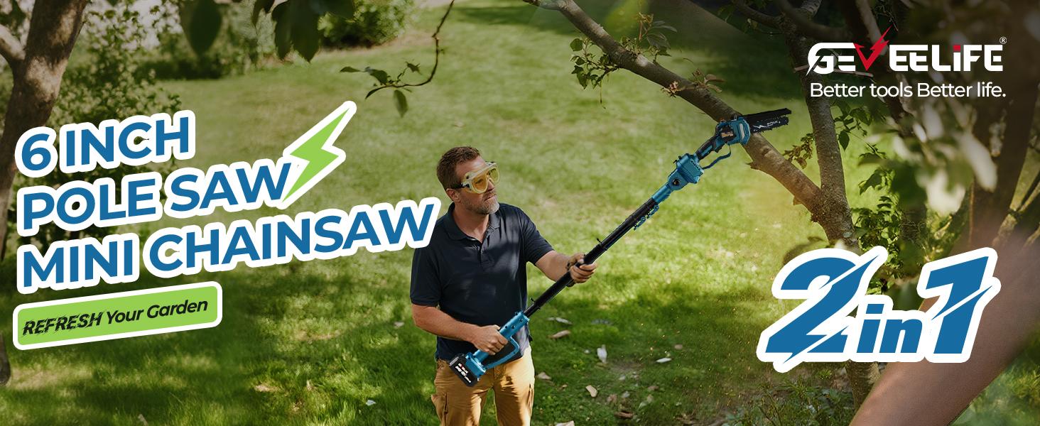 GEVEELIFE 2-in-1 Electric Pole Saw, ChainSaw, Portable Electric Cordless Saw for Wood Cutting,2 Batteries ,Pruning, Gardening, Camping - Suitable for Seniors, Women Holiday gifts