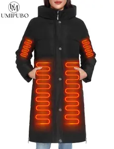 Women’s Heated Long Down Jacket with Hood, 8 Heating Zones Water-Repellent Winter Heated Outerwear Coat for Women