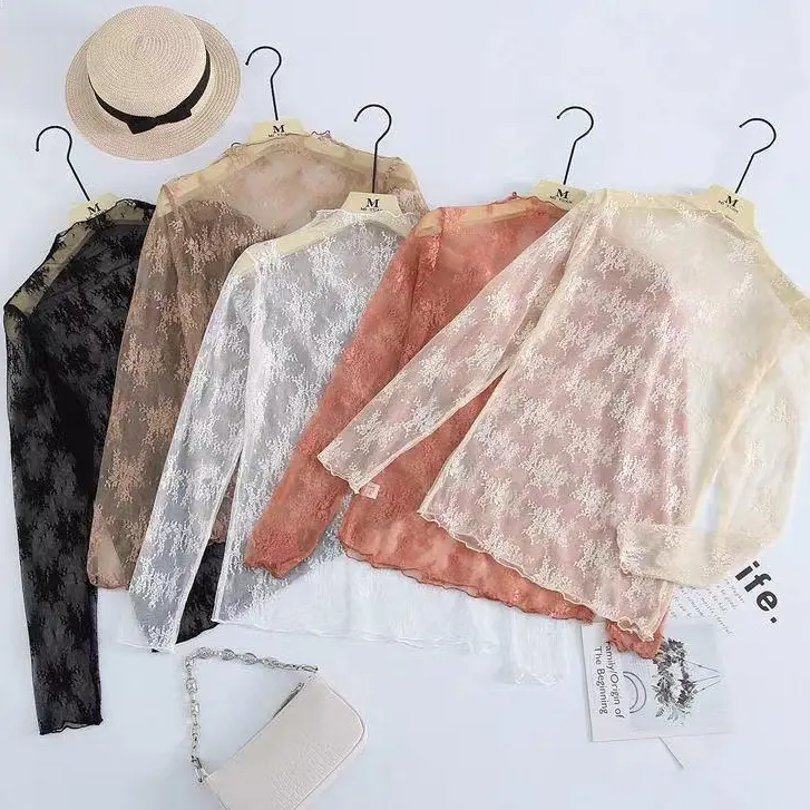 3PCS Black White Coffee Women Half High Collar Mesh Bottomed Blouse Shirt Lace Ear Edge Hollow Long Sleeve Lace Top, Longsleeves, Women's Clothes, Tops For Women