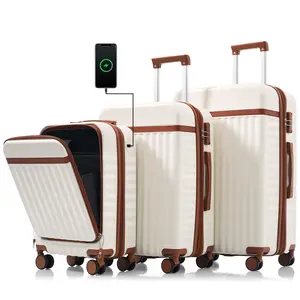 3 Piece Luggage Set 20 24 28 Inch, 20 Inch Carry On Suitcase with USB Port and Front Opening, ABS Hardshell Spinner Wheel Travel Luggage Airline Approved white