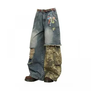 Street Vintage Jeans New Y2K Harajuku Wash Patchwork Camouflage Baggy Jeans Denim Pants Mens Womens High Waist Wide Trousers