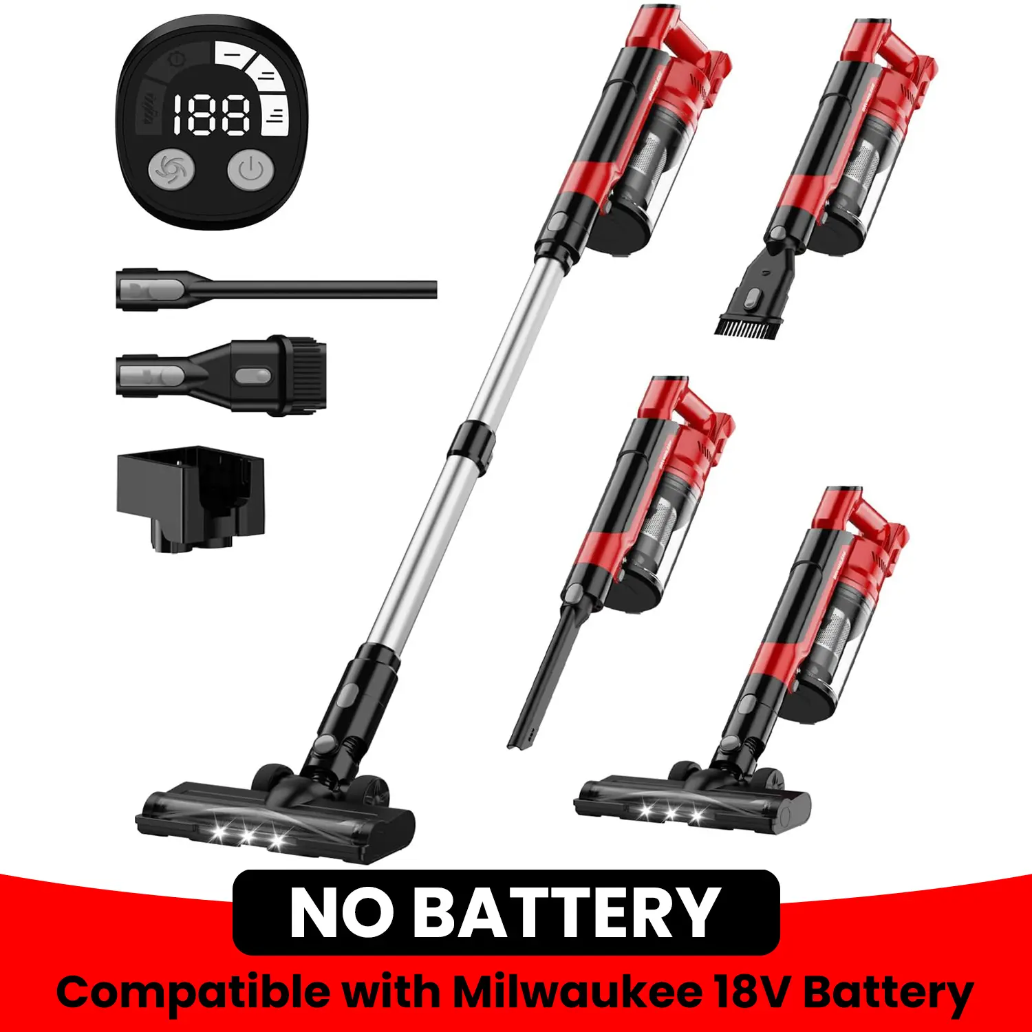 【No Battery】350W Cordless Vacuum Cleaner for  Milwaukee M18 Battery, 35kPa Brushless Lightweight Stick Vacuum with 3 Mode Suction,6 in 1 Stick Vacuum Cleaner with HEPA for Floor,Carpet, Car