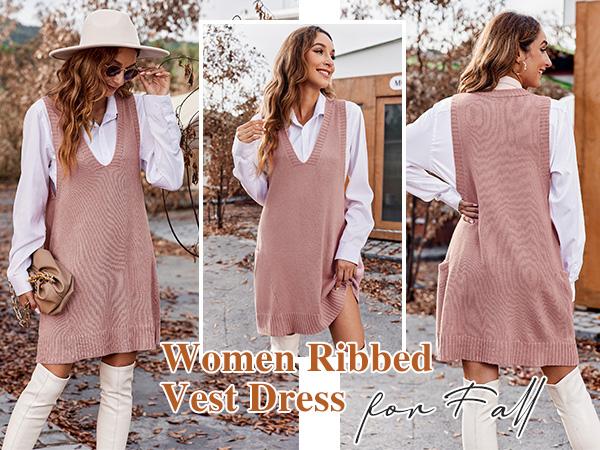Women's Sleeveless V Neck Knit Sweater Vest Dress Casual Pullover with Side Pockets for Spring Basic Minimalist