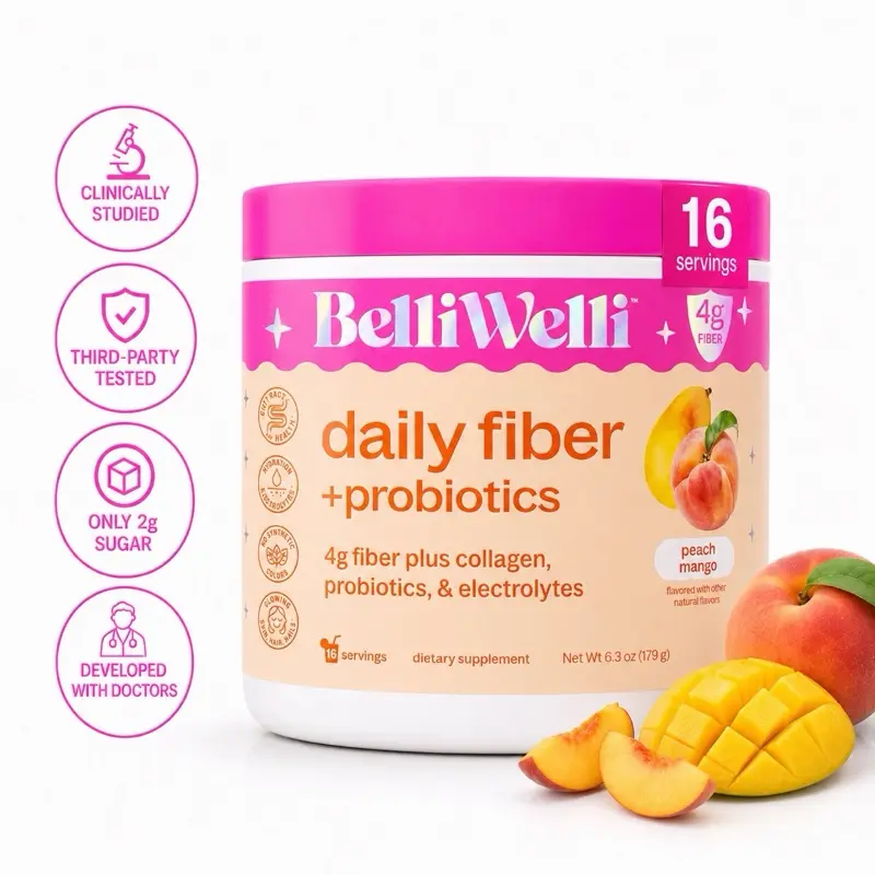 BelliWelli Daily Fiber + Probiotics + Collagen - Peach Mango Health Supplement Fitness
