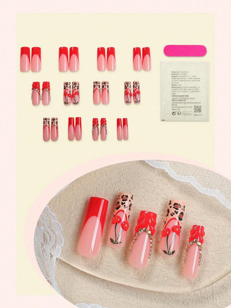 24-Piece 3D French Manicure False Nail Set with Leopard Print, Red Bows & Rhinestone Designs
