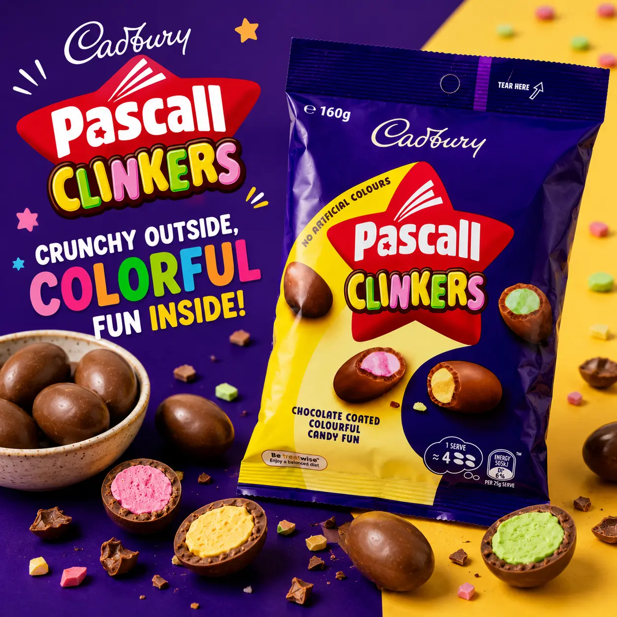Crunchy Center Cadbury Pascall Clinkers Mixed Cocoa Creamy Milk Chocolate Candy Snack Pouch - Insulated Shipping Package with Ice Pack, Ships Mon-Thurs to Prevent Melting, Pouch With Ice