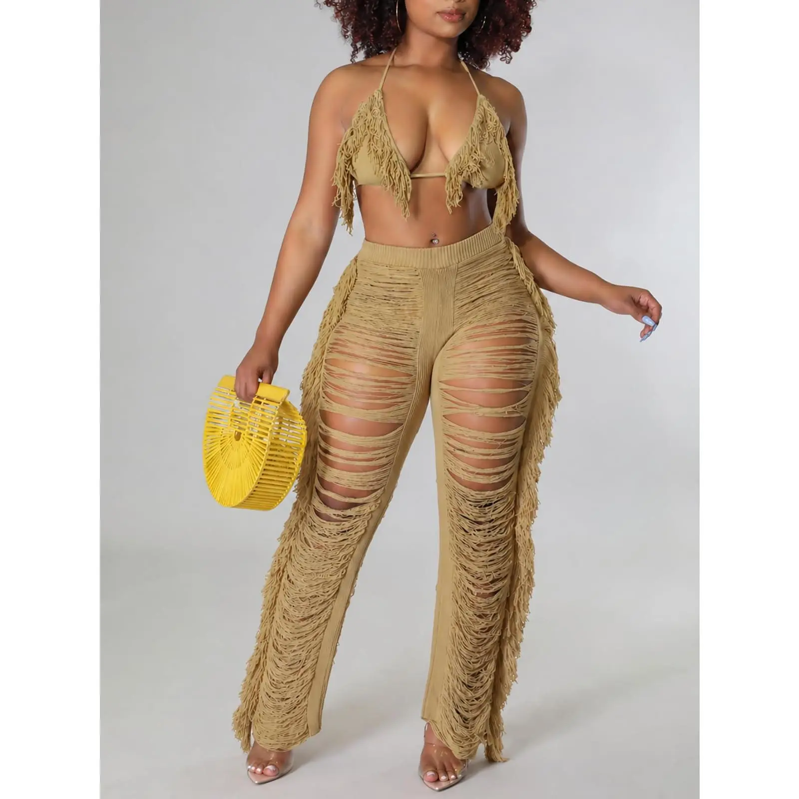 Lady's 2 Piece Crochet Clothing Set, Sexy Halter Top with Fringe Pants, Beach Vacation Cover-Up for Parties and Going Out, 2 Piece Sets, Clothing Sets Women Going Out