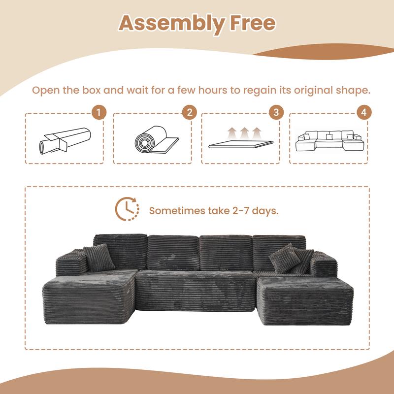 【5 Packages Shipping】Ovios 136" Sectional Cloud Couch for Living Room, Modular Floor Sofa with Plush Corduroy, No Assembly Required, Big Comfy Couches Set with Fluffy Memory Foam, Stupendous U Shaped Sofas with Chaise 【5 Packages Shipping】Ovios 136" Sectional Cloud Couch for Living Room, Modular Floor Sofa with Plush Corduroy, No Assembly Required, Big Comfy Couches Set with Fluffy Memory Foam, Stupendous U Shaped Sofas with Chaise