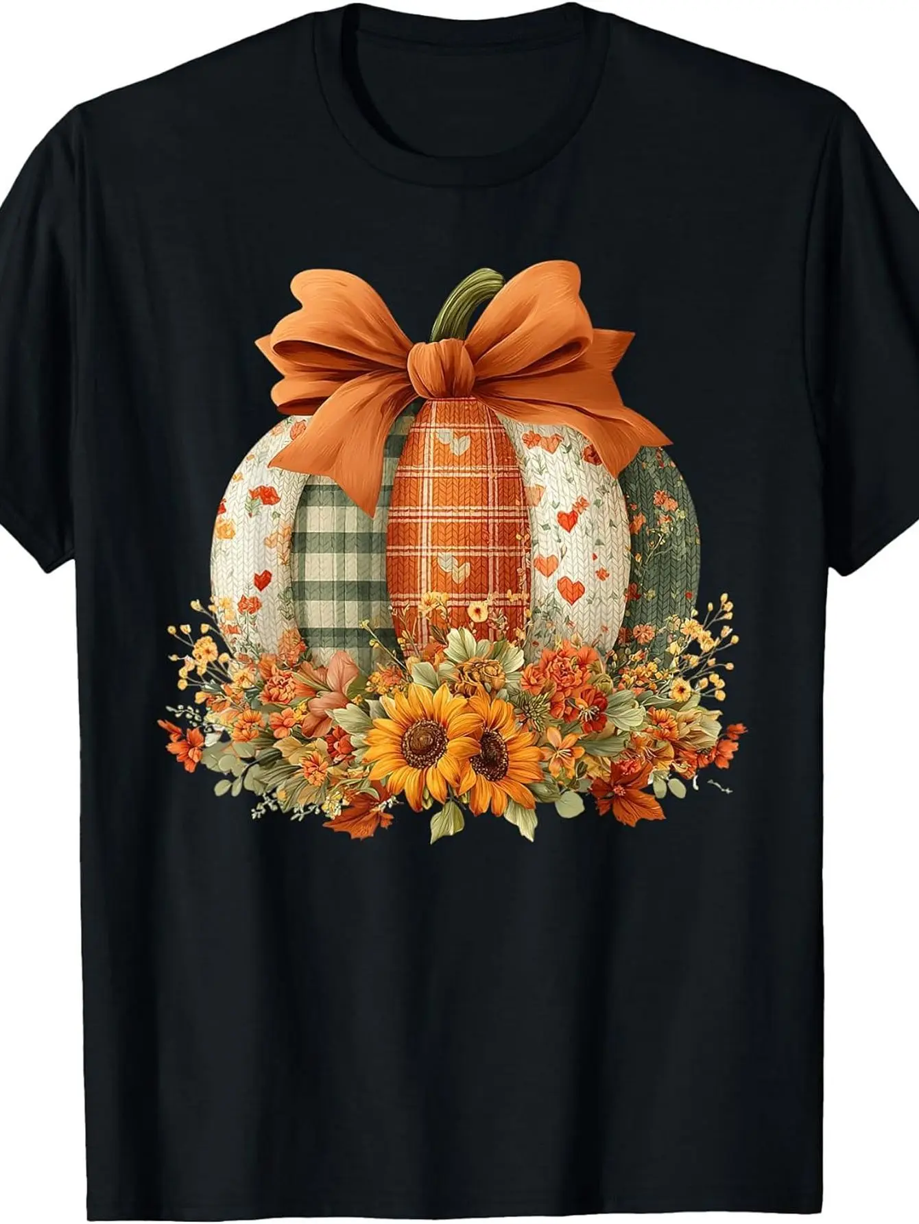Unisex Patchwork Pumpkin T-Shirt, Comfortable Breathable Cotton Cottagecore Tee with Sunflower Graphic for Fall Harvest & Thanksgiving, Print, Tops, Shortsleeve, Everyday, Round Neck