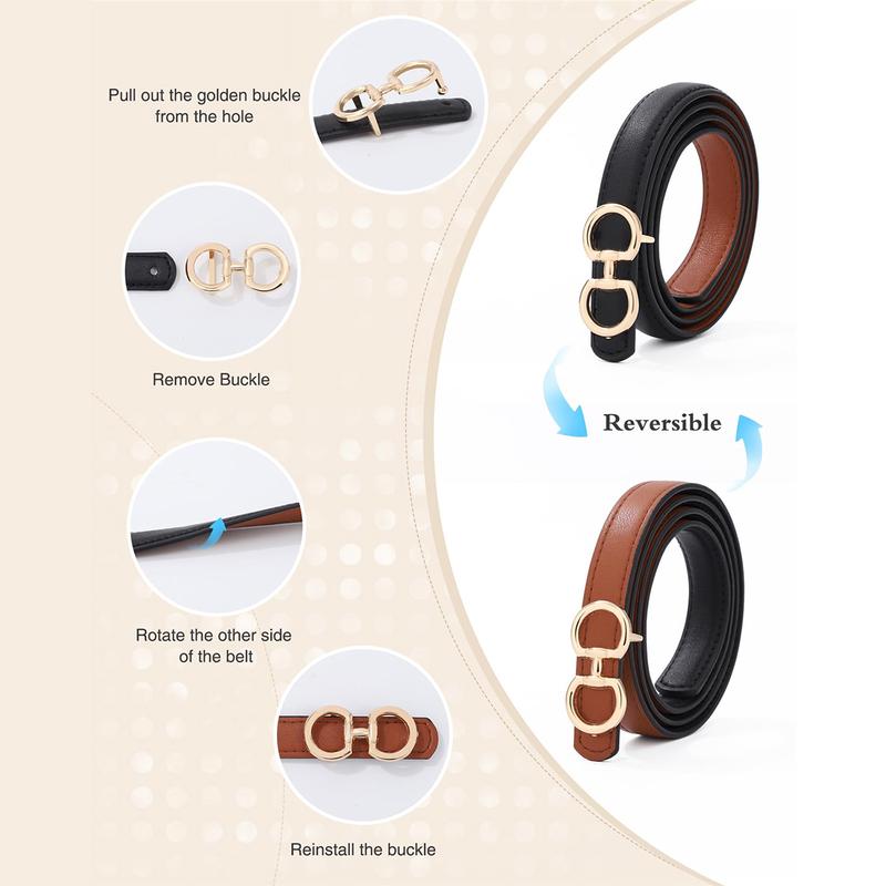 Women Reversible Double Sided Thin Belt Fashion Elegant PU Leather Tight Waist Belt with Gold Buckle Vintage Two-in-One Jeans Dress Long Coats Belts Female Accessories