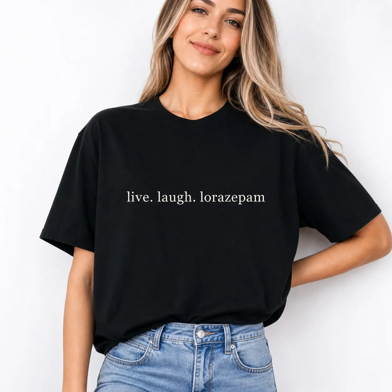 Live Laugh Lorazepam Anxiety Humor Shirt for Adults, Sarcastic Mental Health Quote Tee, Pink Text Gift Shirt for Anxious Friends, Funny Casual Wellness Joke Top - Ahri Clothing
