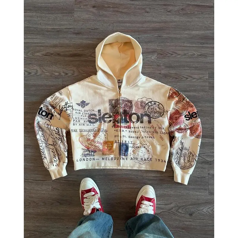 Passport printed women's hoodie fashion hip-hop zipper hoodie long sleeved Harajuku clothing women's sportswear street jacket women's topGift
