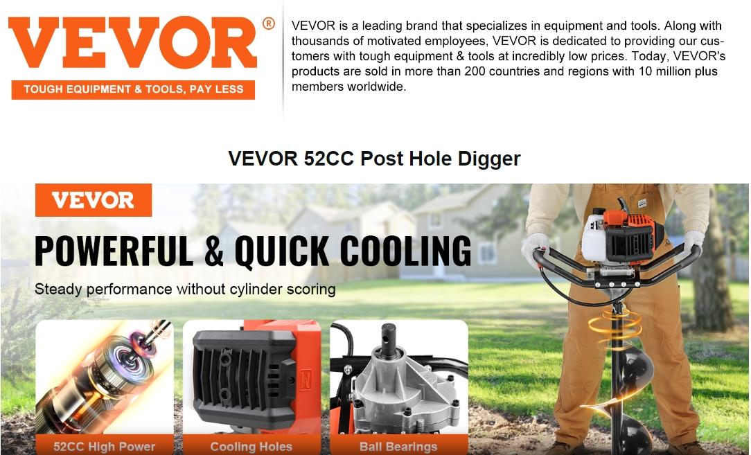 VEVOR Post Hole Digger, TikTokShopBlackFriday, 52cc 1450W Auger Post Hole digger, Gas Powered Earth Digger with Two Earth Auger Drill Bit 6" & 10" and 3 Extension Rods, for Farmland, Garden and Plant, EPA certification VEVOR Super Brand Day VEVOR Post Hole Digger, TikTokShopBlackFriday, 52cc 1450W Auger Post Hole digger, Gas Powered Earth Digger with Two Earth Auger Drill Bit 6" & 10" and 3 Extension Rods, for Farmland, Garden and Plant, EPA certification VEVOR Super Brand Day