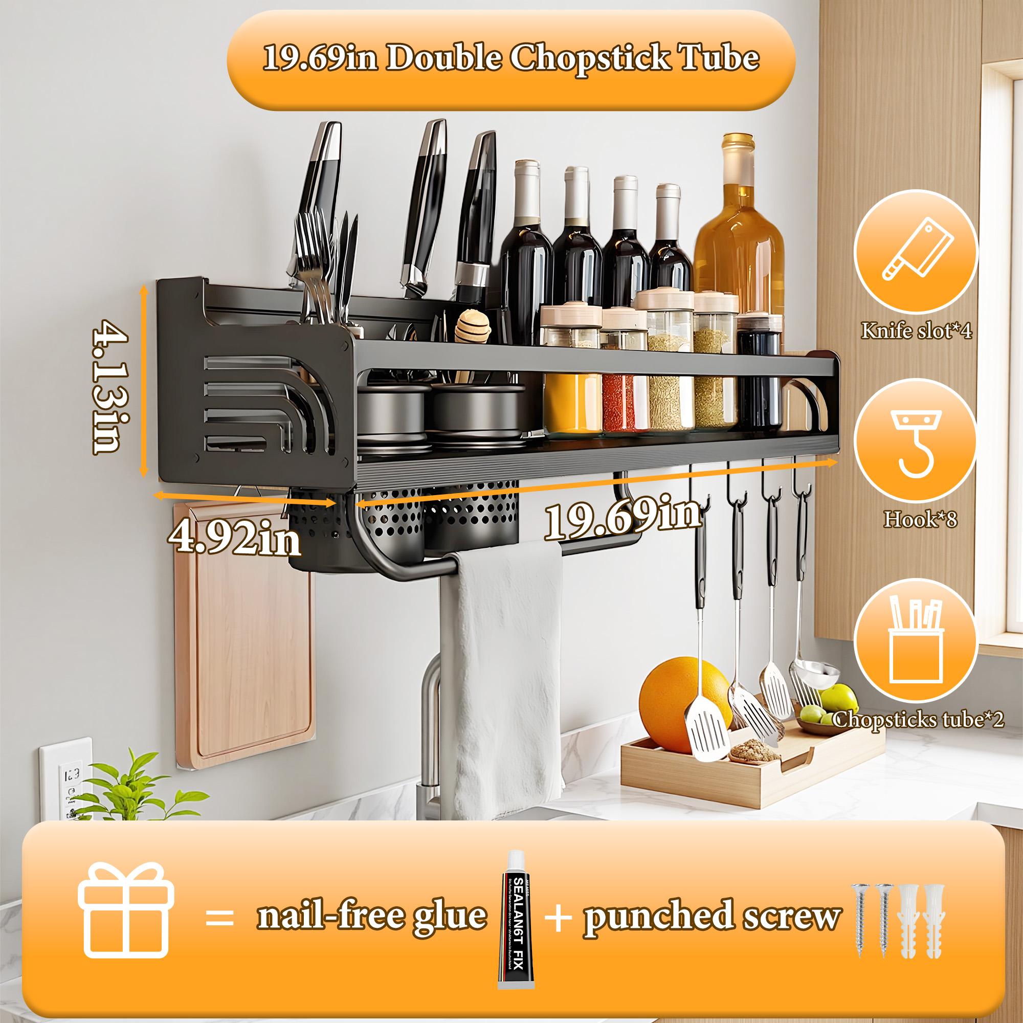 Bepatio Space Saving Wall-Mounted Kitchen Spice Rack – No-Drill Carbon Steel Shelf with Hooks for Utensils, Lids, and Seasoning Jars