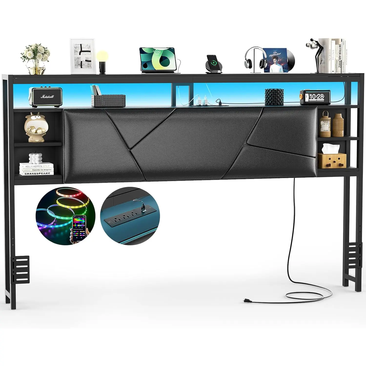 Cyclysio Luxury PU Leather Sturdy Upholstered Wood Headboard - King/Queen/Full Size Modern Upholstered Bed Accessory, Built-in Charging Station with USB Port, Smart LED Light, Spacious Built-in Shelving Headboards, Bedroom Outlets, Black Oak