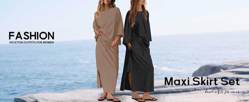 Mundoven Womens 2 Piece Skirt Sets Oversized 3/4 Sleeve Top and Maxi Skirt Fall Matching Outfits Travel Vacation Set