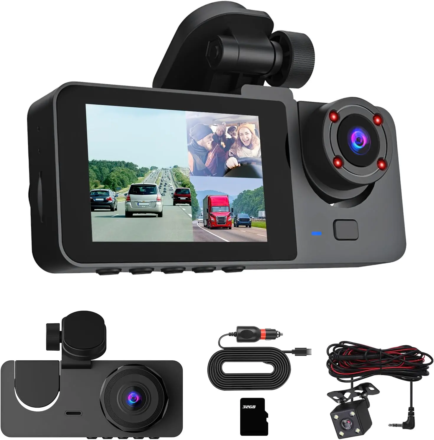 3 Channel Dash Cam Front Inside Rear | 1080P Car Camera with 32GB Card, G-Sensor, Loop Recording, Night Vision, Parking Monitor