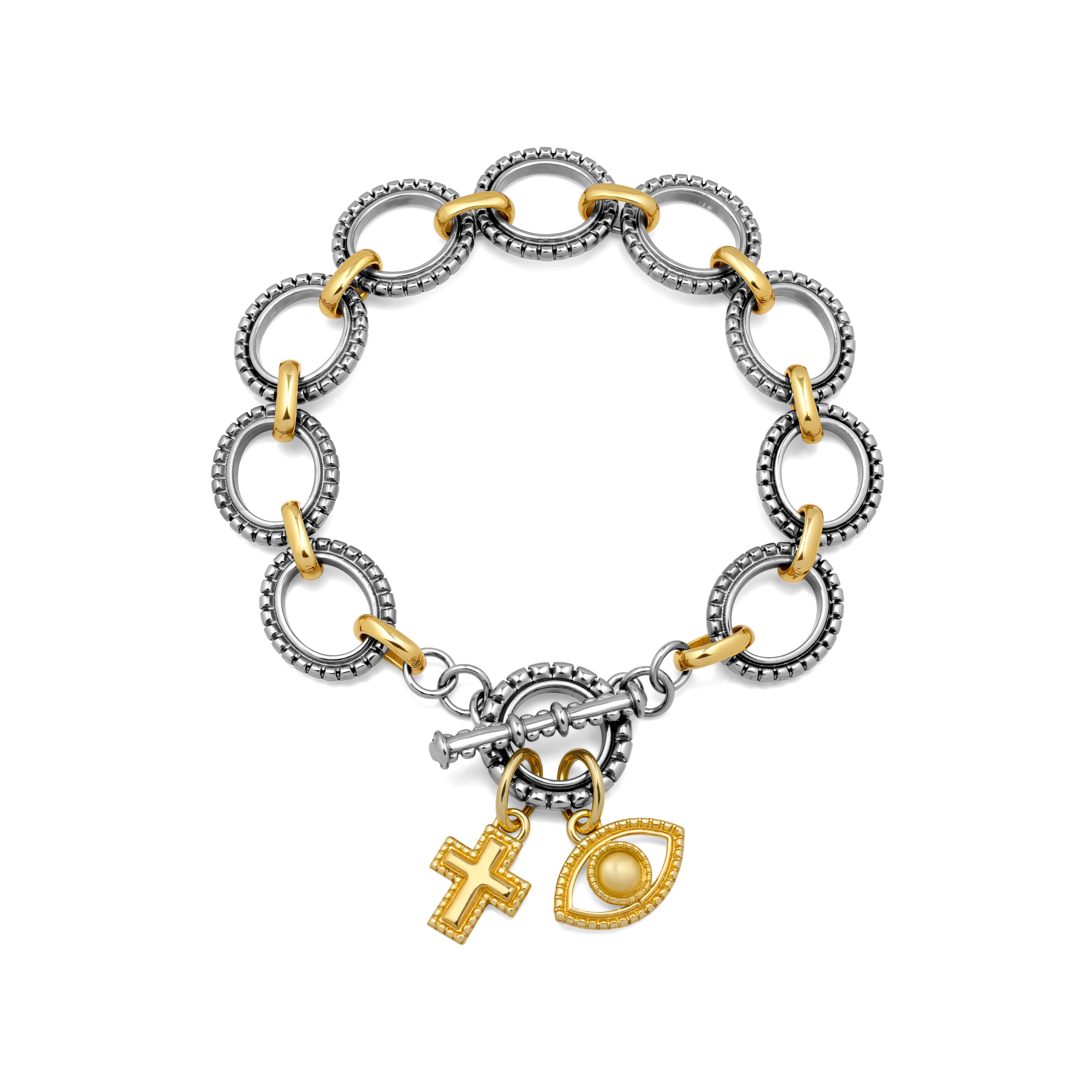 Mytys Two-Tone Toggle Clasp Bracelet – Textured Links, Evil Eye & Cross Charms, Bold Minimalist Style, Viral Jewelry Perfect for Elevating Outfits/Special Events, On-Trend Accessory