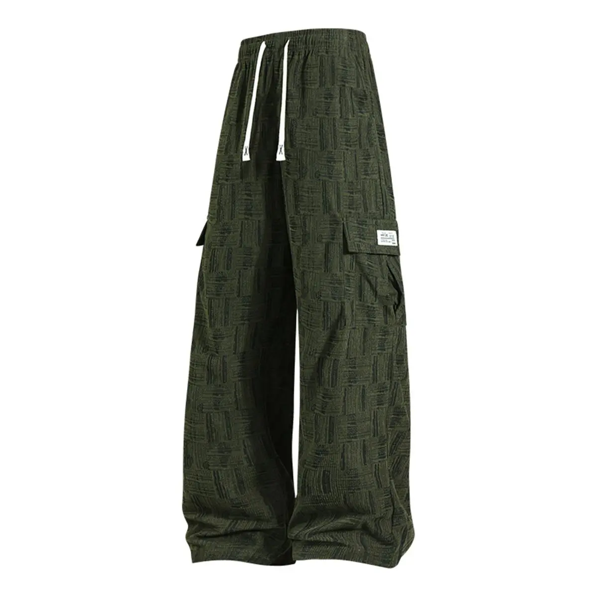Men's Black Textured Weave Casual Cargo Pants - Elastic Waist with White Drawstring, Wide-Leg Contemporary Crossover Edgy Loose Non-See-Through Streetwear Trousers, Utility Pockets & Label Detail, Contemporary Men's Pants, Crossover Men's Pants