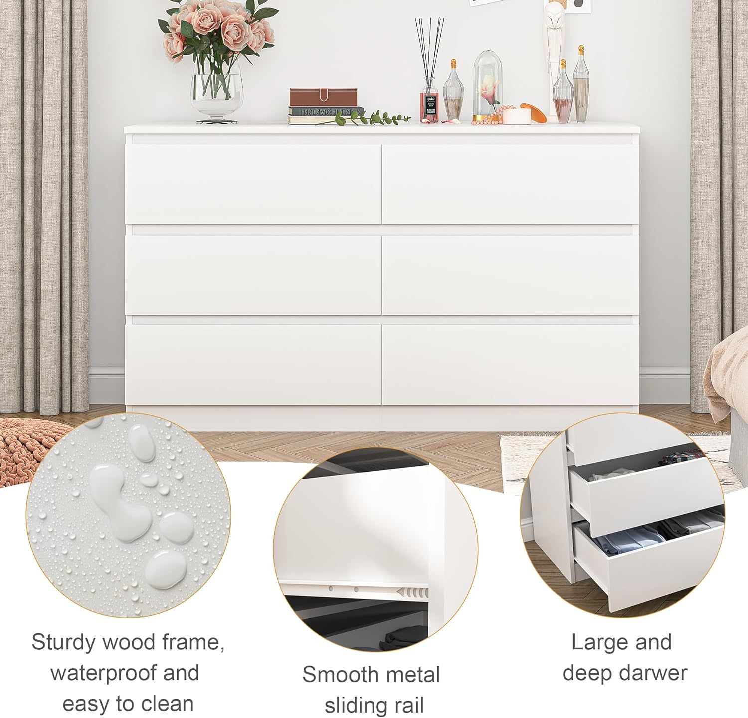 Spaco White Modern 6-Drawer Dresser for Bedroom - Wide Wood Storage Chest with Deep Drawers, Large Bedroom Organizer Furniture for Closet, Tall Dresser with Smooth Gliding Drawers Spaco White Modern 6-Drawer Dresser for Bedroom - Wide Wood Storage Chest with Deep Drawers, Large Bedroom Organizer Furniture for Closet, Tall Dresser with Smooth Gliding Drawers