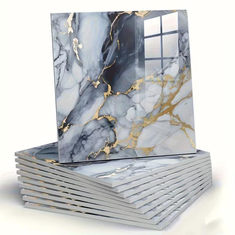 10/20Pcs Self-Adhesive Glossy Marble Sheets - Peel & Stick Waterproof PVC Ceramic Layers Suitable Backsplash, Bathroom, Living Room Walls - Installation,Modern Marble Patterns (UV Printed)11.8*11.8inch