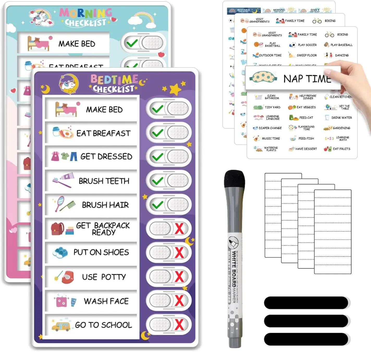 2-in-1 Magnetic Bedtime & Morning Routine Chart - Reusable Planner, Erasable Checklist, Cute Visual Board, Office Personal Organiser for Organizing Daily Tasks, Simplifies Routine Management, 2-In-1 Bedtime & Morning Routine Chart
