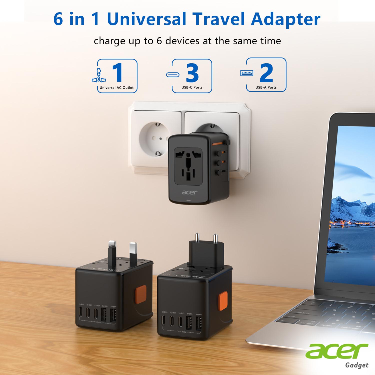 Acer Christmasparade Universal 12 in 1 Travel Adapter With 5 USB Ports (3 USB C), 100-250V Input & 29W Output, US/EU/UK/AU Plugs, International Power Adapter, Worldwide Outlet Charger For USA To European UK France Germany Spain, Black，Pink，Blue，Purple
