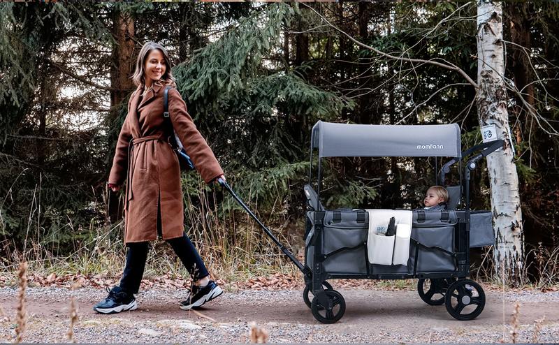 Momfann Baby Stroller Wagon, All-Terrain 2 Seaters Baby Wagon with Canopy, Parent Organizer, Adjustable Handle & Pull Bar for Infants and Toddlers