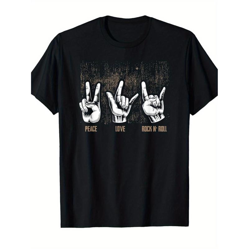 Mens Vintage Rock and Roll Graphic T Shirt Retro Music Tee with Peace Love Rock On Signs Soft Breathable Concert Festival Casual Classic Fit Hippie Hand Gesture Design