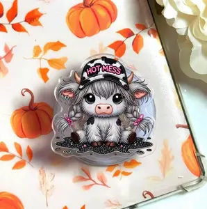 Hot Mess Cute Highland Cow Phone Grip MagSafe, Iced Coffee Lover Gift, Cow Print Hat Phone Stand, Cute Animal Phone Holder, Sparkly Phone Accessory