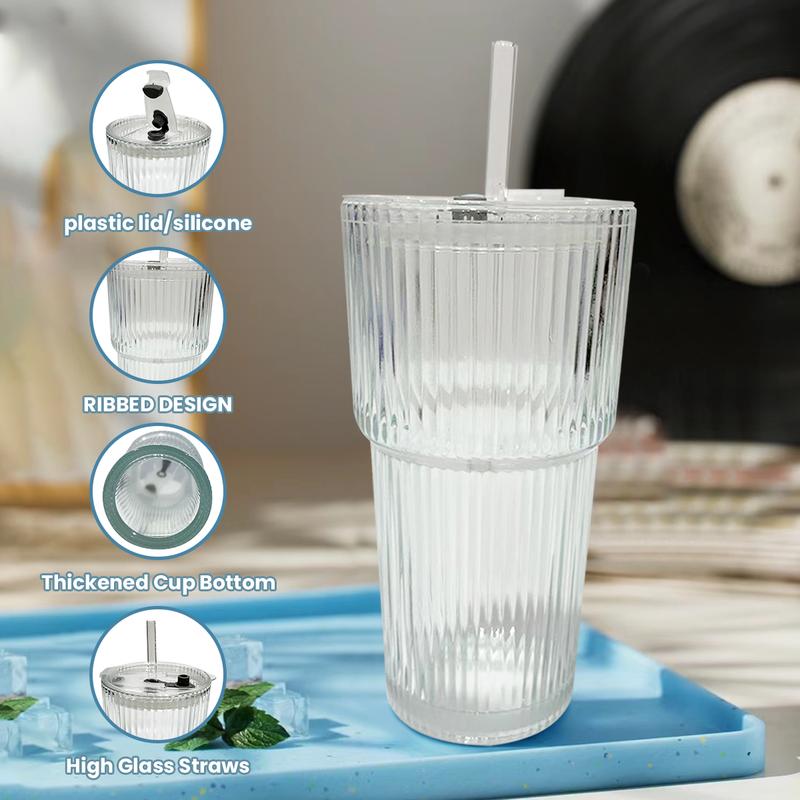 Glass Coffee Cups with Lids and Straws, Vintage Ribbed Glass Tumblers, Leakproof Design, Reusable Glass Cup for Iced Coffee Stylish Drinkware