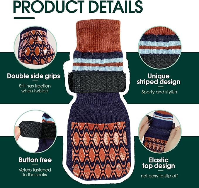 Kuoser Non Slip  Brown Dog Socks for Hardwood Floors, 4Pack Anti-Slip Dog Grippy Socks to Prevent Licking Paws, Dogs Booties Paw Protectors with Double-Sided Traction for Small Medium Large Senior Dogs