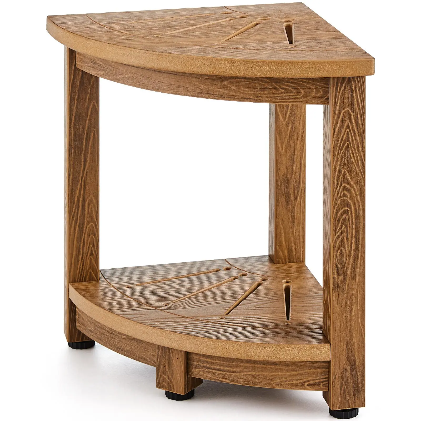 VEVOR Corner Shower Bench, 16.5" Height 12.8" Radius, Faux Wood Grain Polystyrene, 350 LBS with Storage Shelf, Water Resistant, Shower Stool for Inside & Outside Shower, for Bathroom, Living Room#BackToSchool