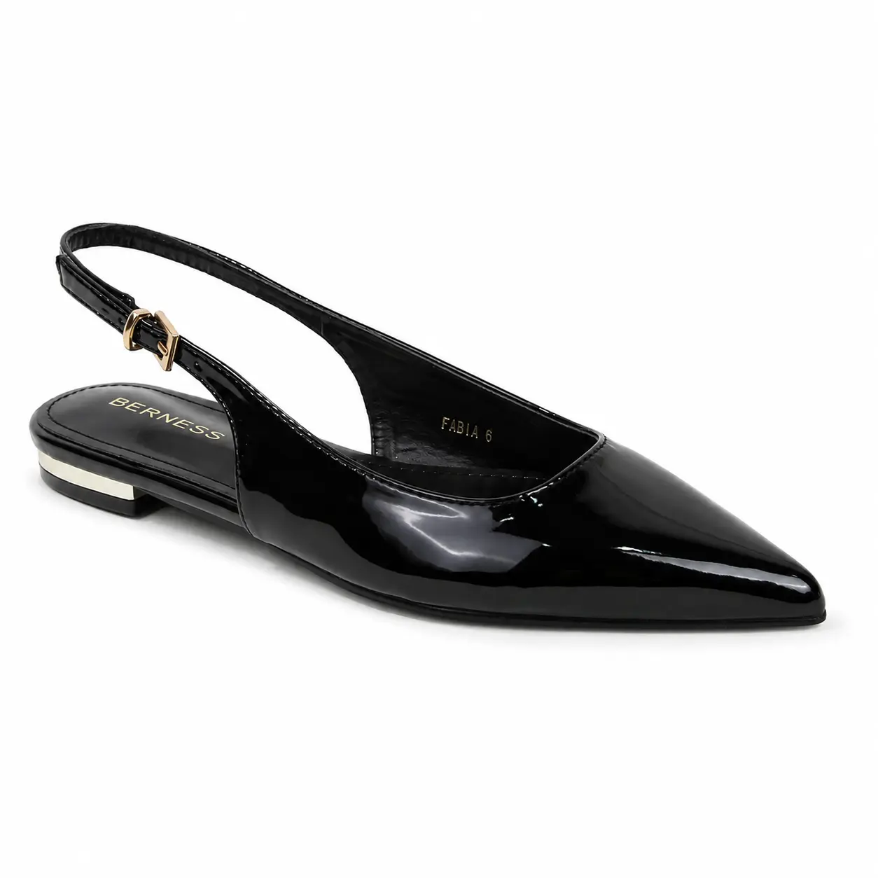 BERNESS Women's Fabia Office Ballet Flats - Patent Leather, Pointed Toe, Ankle Strap, Low Heel (1 cm or less), Composite Bottom, Cushioned, Refined Gloss Look, Smooth Glossy Upper, Glossy Patent Shine for Party, Formal Events