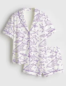 Women’s Shark Respect The Locals Hand Drawn Shark Summer Beach Travel Short Sleeve Satin Pajama Set2