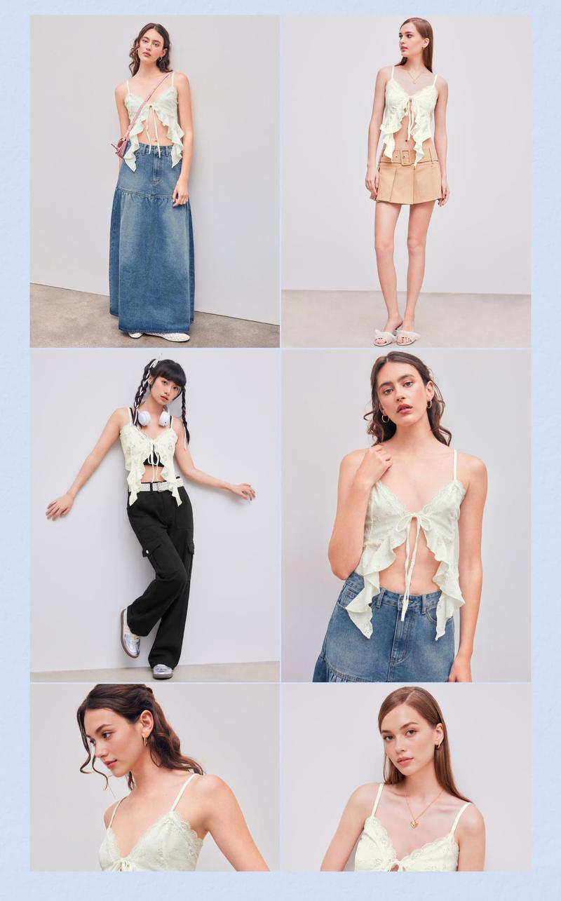 Cider Women's Lace Ruffle Hem Knotted Crop Top with Adjustable Crisscross Strap, Beach Vacation Staple Knit Top, Spring Break Adjustable Bralette, Boho Beachwear Lace Crop Top, Lady Adjustable Tie-Front Bikini Cover Up, Music Festival Spring Outfits