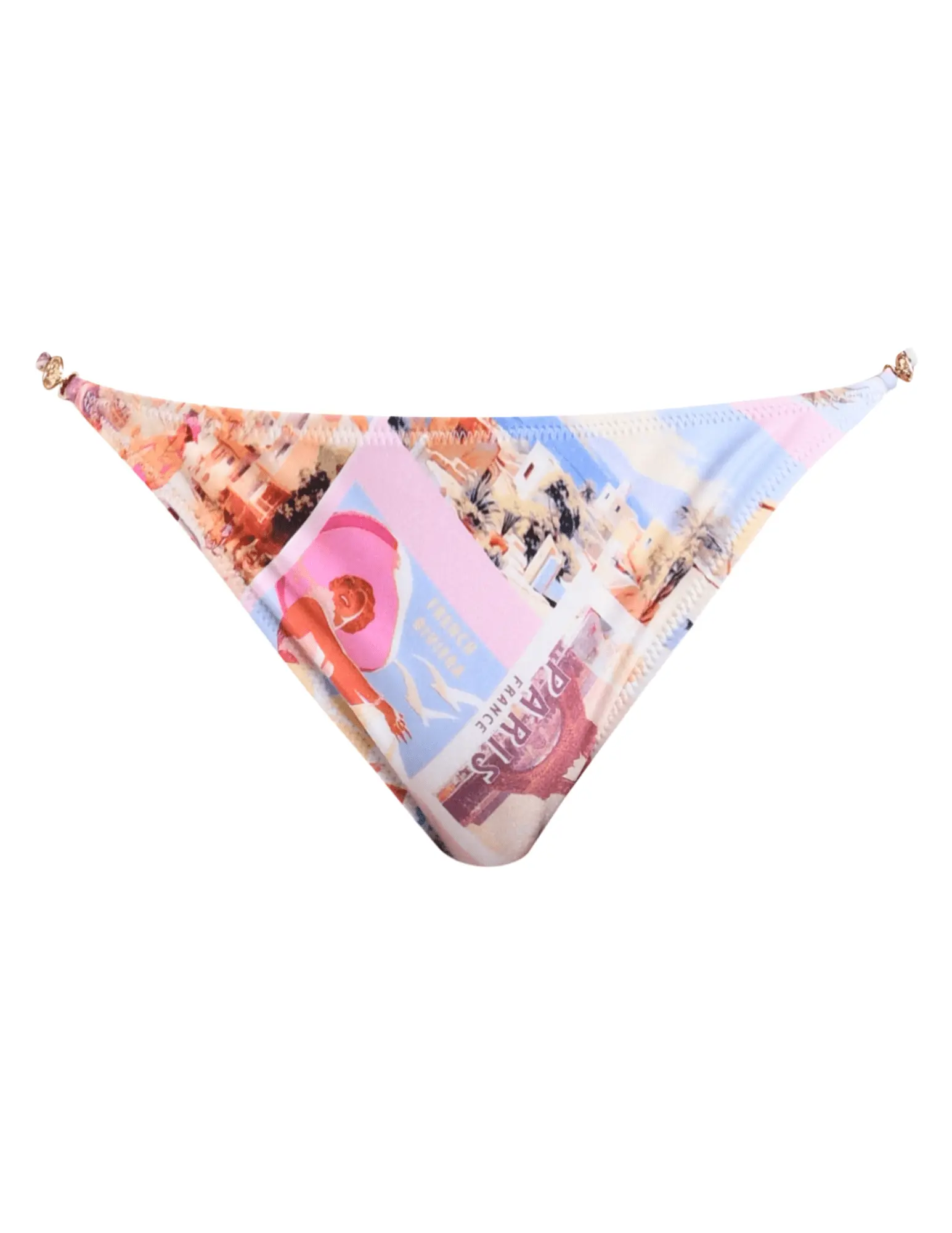 L'AGENCE Violet String Bikini Bottom in Light Pink Multi Postcard Print