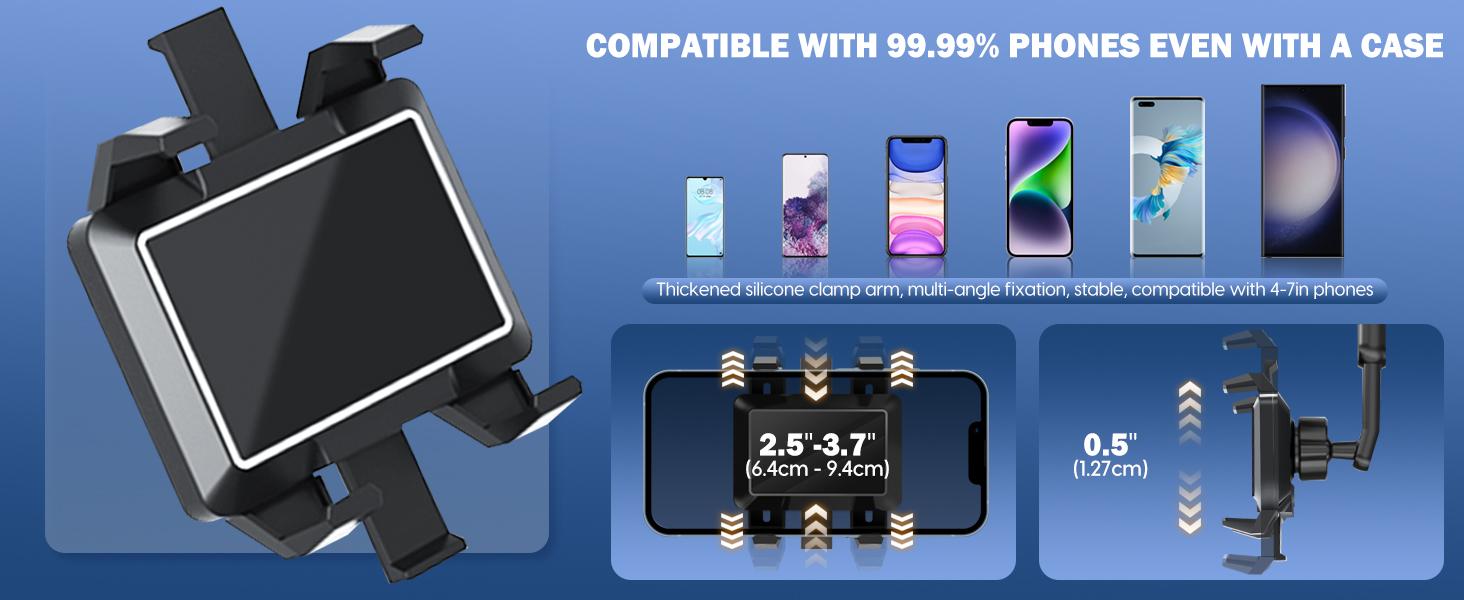 Rearview Mirror Phone Holder for Car, 360° Rotating Rear View Mount with Adjustable Arm Length, Multifunctional and GPS Universal Car All Smartphones