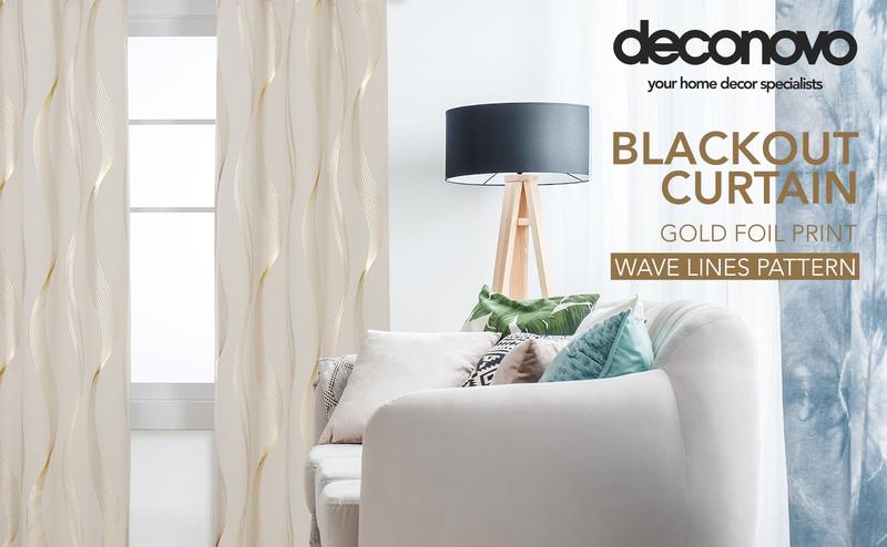 Blackout Curtains 2 panels, Deconovo Wave Striped Foil Golden Print Room Darkening Living Room Curtains curtain shack