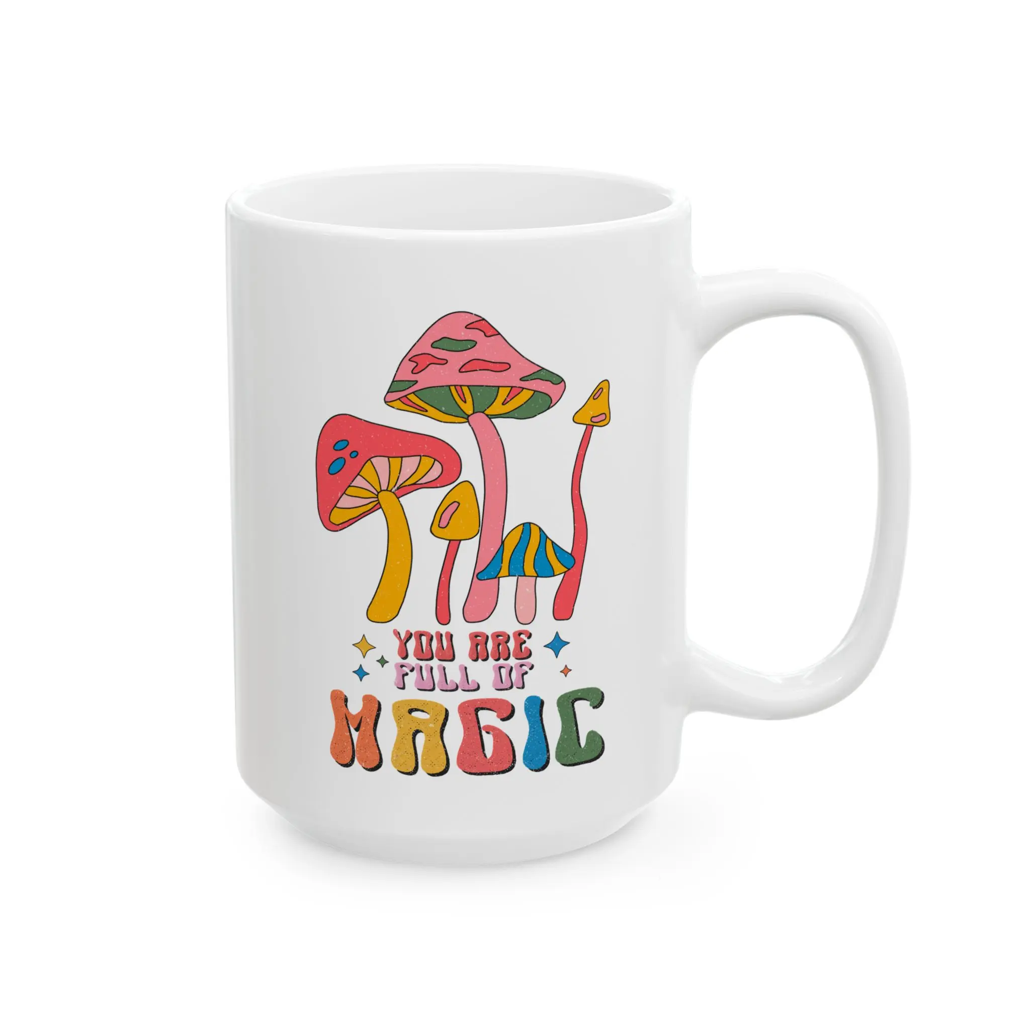 15oz Glossy Reusable Ceramic Coffee Mug with Handle - Retro Colorful Mushroom Print Double-Sided, "You Are Full of Magic" Groovy Affirmation, Washable Kitchenware Drinkware for Creative Souls, Great for Coffee Tea or Cozy Moments