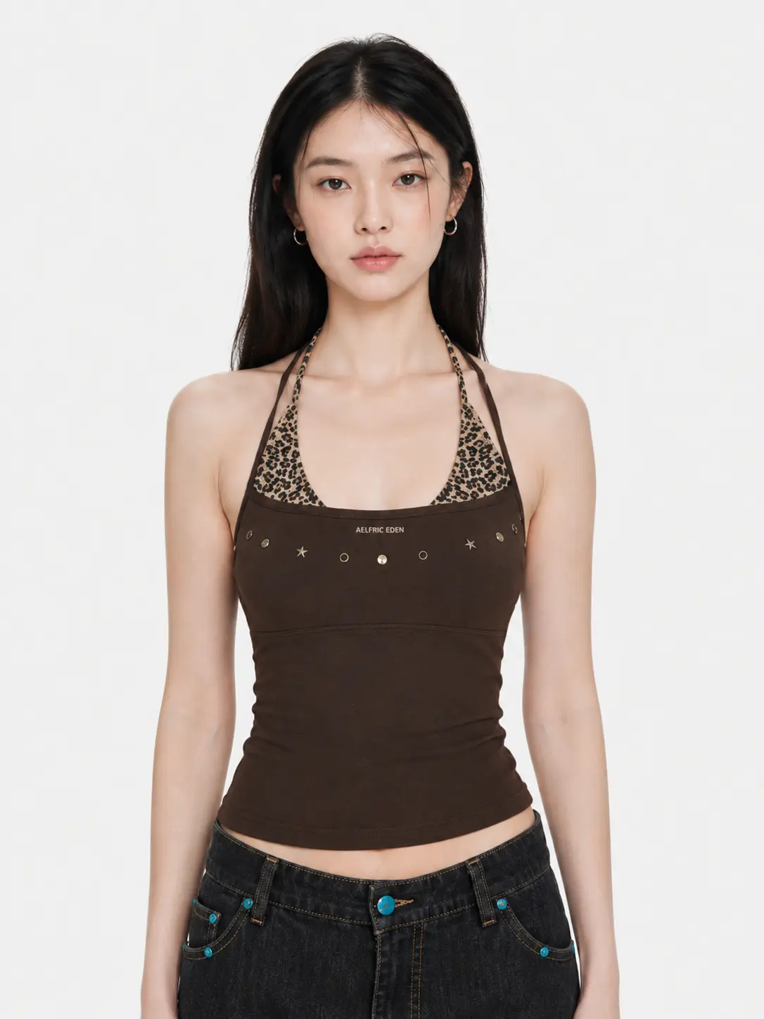 Aelfric Eden Leopard Halter Studded Cami Top Slim Fit Contrast Leopard Print Panel & Studded Detail Halter Neck Tie Casual Y2K Retro Streetwear Top,clothes for back to school,first day of school outfits