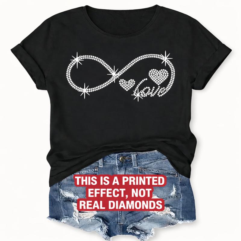 Women's Unlimited Heart Print T-Shirt: Cotton light gray loose short sleeve top, shiny cartoon print design, stretch crewneck summer casual sports wear, machine washable, suitable for multiple scenarios;