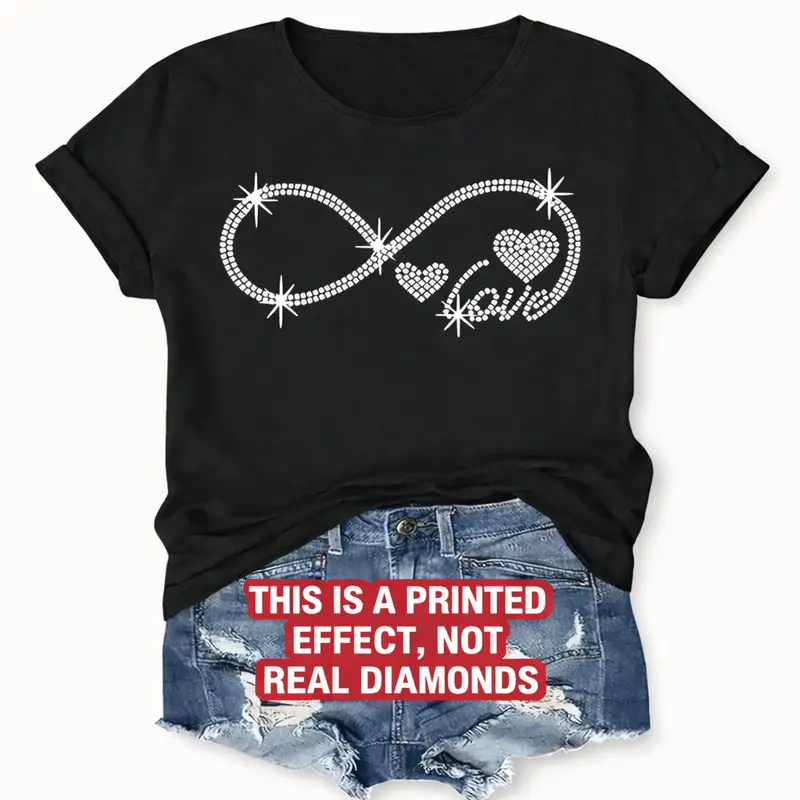 Women's Unlimited Heart Print T-Shirt: Cotton light gray loose short sleeve top, shiny cartoon print design, stretch crewneck summer casual sports wear, machine washable, suitable for multiple scenarios;