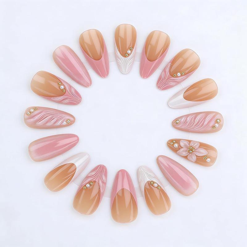 24PCS French Tip Press On Nails Medium Almond Pink Fake Nails with Embossed Flower Gold Beads Rhinestones Glue On False Nails Kit for Women Manicure