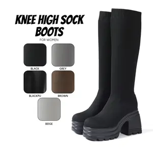 Womens Knee High Sock Boots Stretch Knit Platform Boot Round Toe Chunky Block Heel Easy Pull On Party Work Casual Warm Comfy Outdoor Walking Streetwear Evening Nightout Trendy Footwear for Spring Summer Fashion Long Tall Dressy Shoes