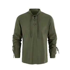 Runcati Men's Medieval Pirate Shirt Steampunk Retro Renaissance Viking Long Sleeve Lace Up Mercenary Halloween Scottish Tops