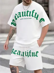 Men's summer crew neck T-shirt and shorts set, printed design, adjustable elastic drawstring waistband, casual and stylish, breathable, street style, everyday wear