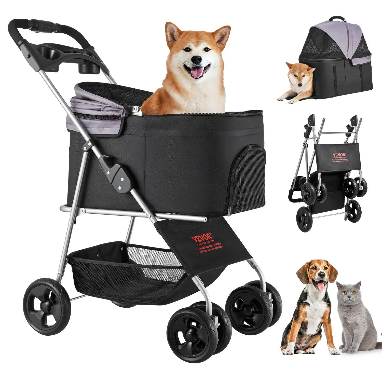 【SummerFinds】VEVOR Pet Stroller, 35 lbs Weight Capacity, Foldable Dog Stroller Cart, 4 Wheels Cats Pram with Detachable Carrier & Mesh Windows, Portable Animal Carrier with Brake for Small to Medium Pets