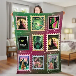 Wicked The Musical Stamp Collage Throw Blanket | Broadway Fan Gift Cozy Fleece 100% Natural Cotton & Soft Polyester Medium-weight 300 g/m² Machine Washable
