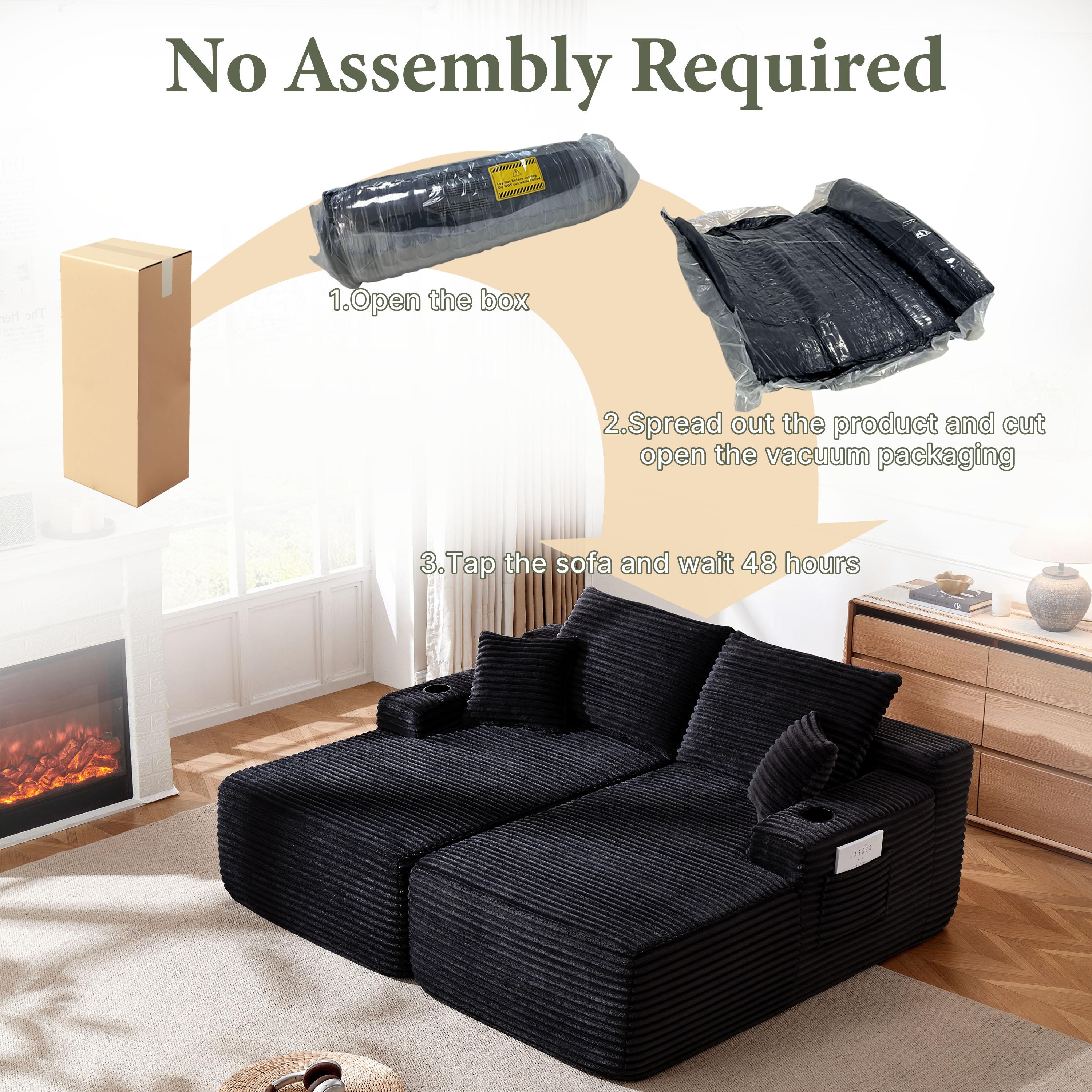 YOMSUM 69" Cloud Sectional Couch L-Shape Chaise with R-Shape Chaise Deep Seat Comfortable 2 Seater Plush Fabric Black,Chaise Lounge,No Assembly Required,Boneless Sofa Bed，With Side Pockets And Cup Holders